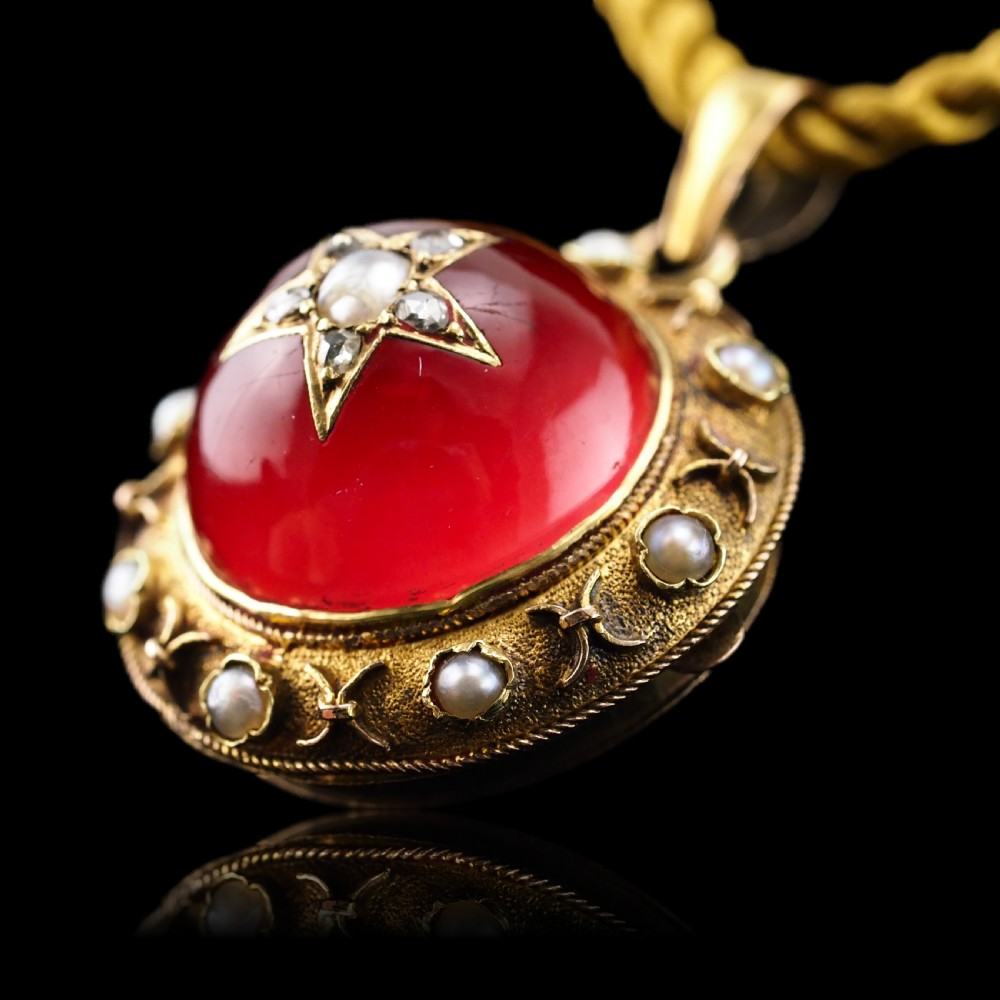 Antique Victorian Diamond & Pearl Star Necklace with Red Rock Crystal 15K Gold - c.1880 View X