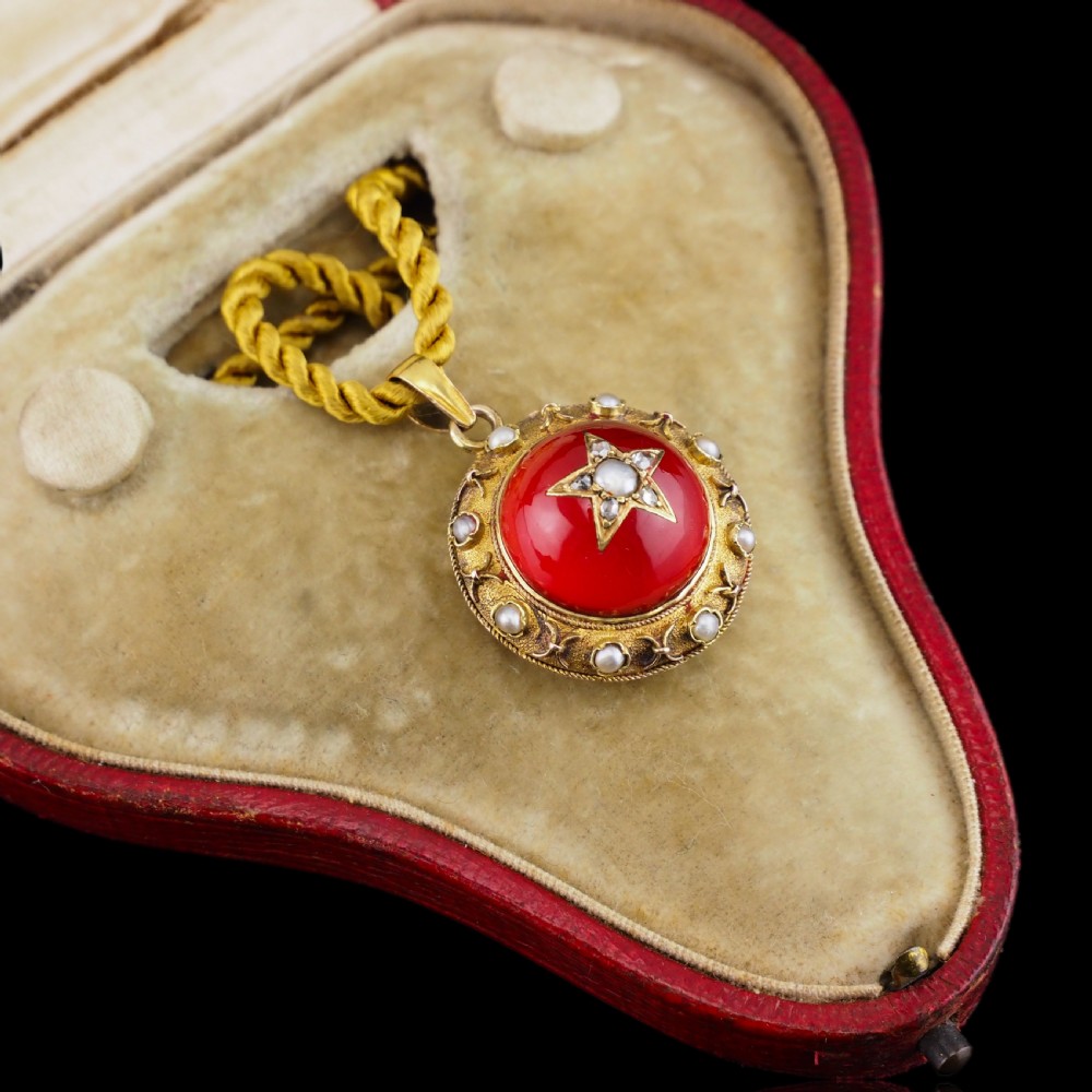 Antique Victorian Diamond & Pearl Star Necklace with Red Rock Crystal 15K Gold - c.1880 View XXI