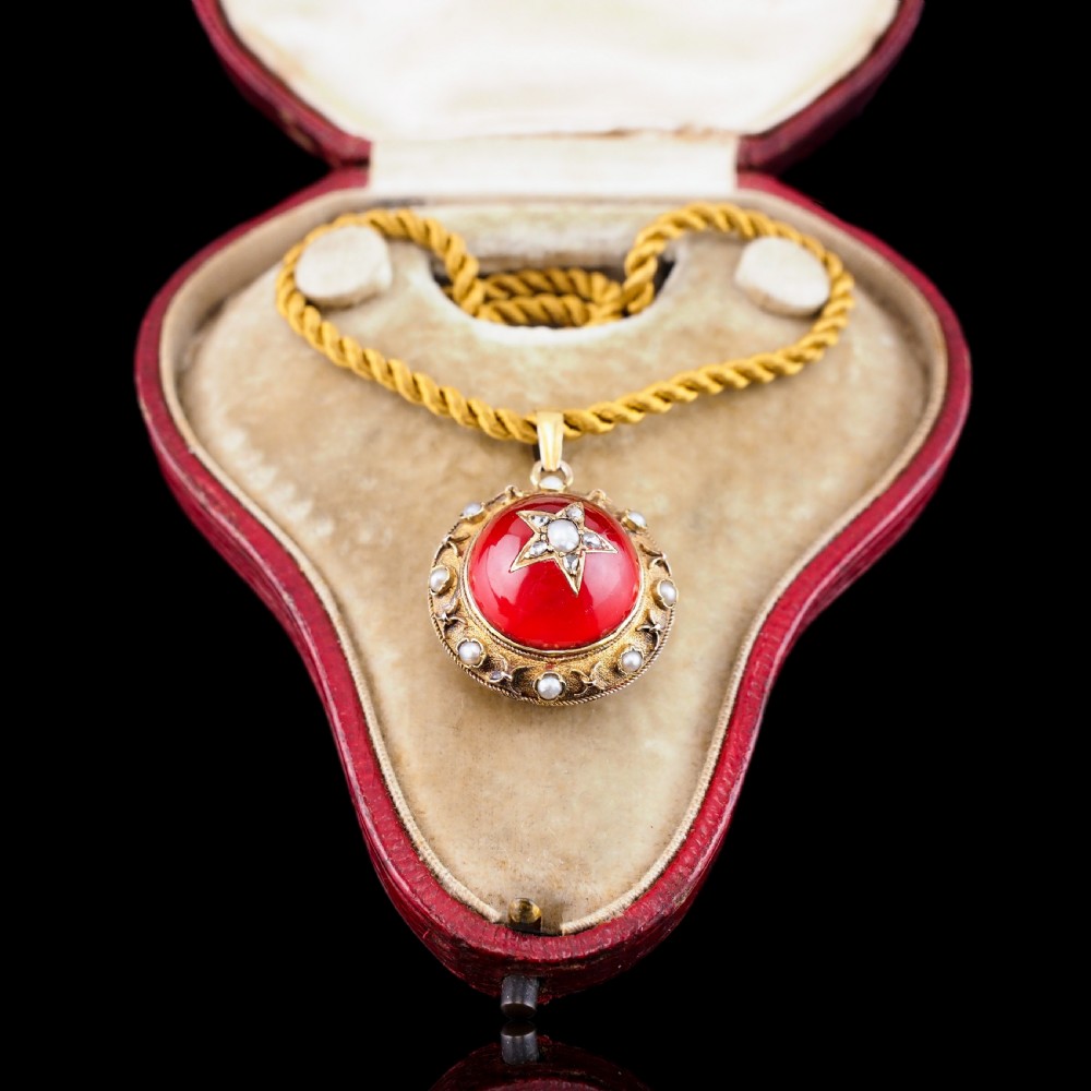 Antique Victorian Diamond & Pearl Star Necklace with Red Rock Crystal 15K Gold - c.1880 View XXII