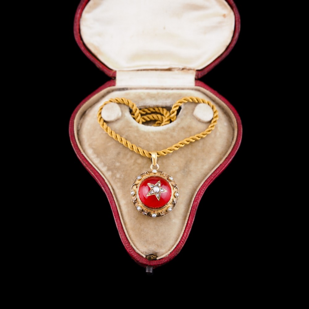 Antique Victorian Diamond & Pearl Star Necklace with Red Rock Crystal 15K Gold - c.1880 View XXIII
