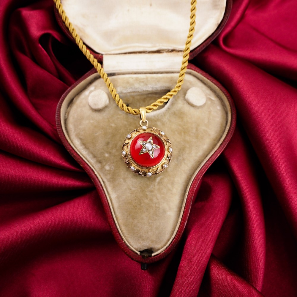 Antique Victorian Diamond & Pearl Star Necklace with Red Rock Crystal 15K Gold - c.1880 View XXV