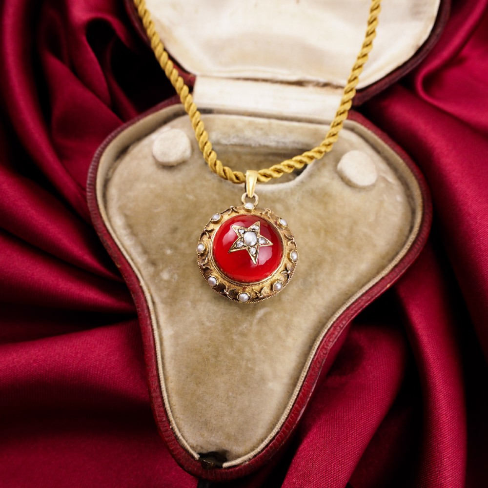 Antique Victorian Diamond & Pearl Star Necklace with Red Rock Crystal 15K Gold - c.1880 View XXVI