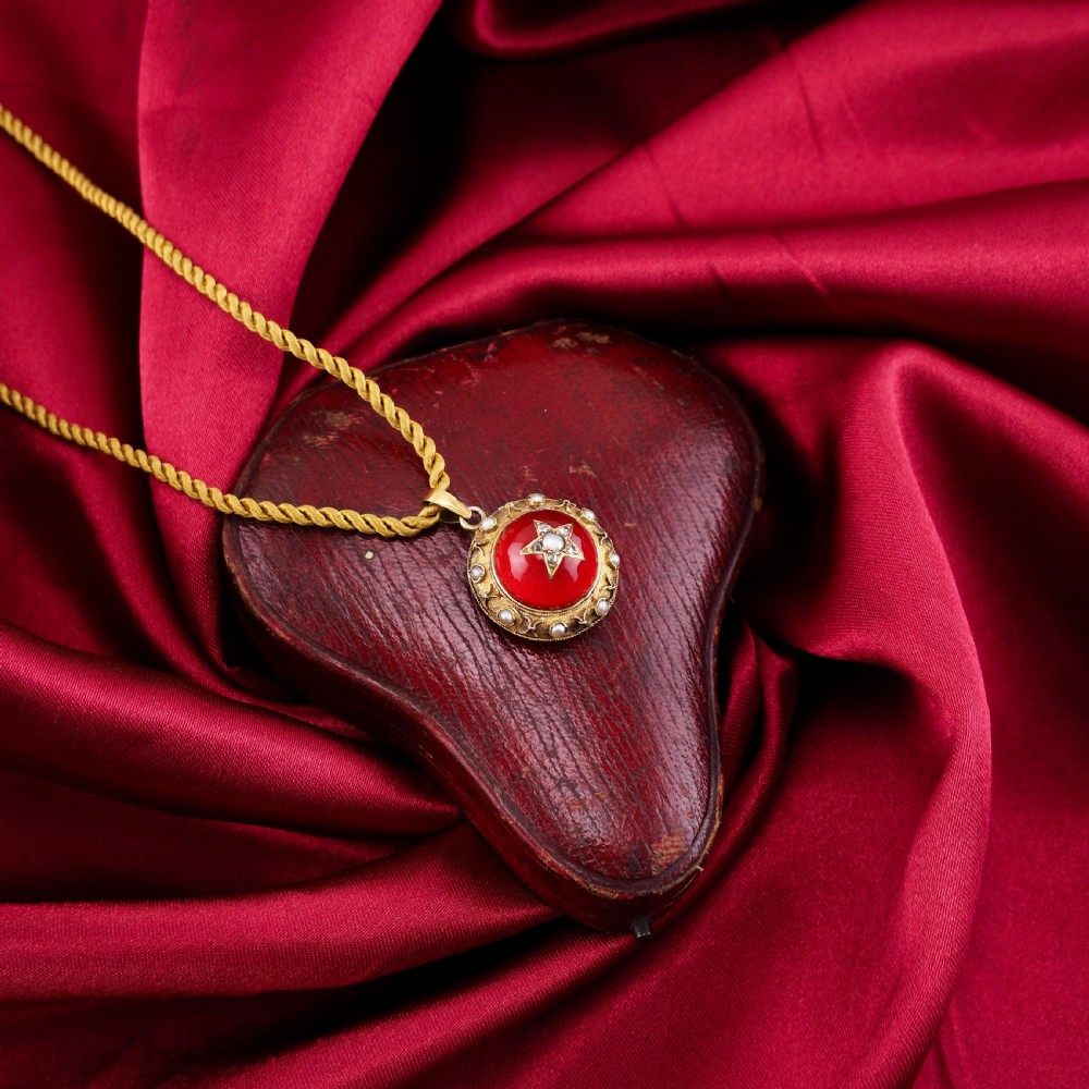 Antique Victorian Diamond & Pearl Star Necklace with Red Rock Crystal 15K Gold - c.1880 View XXVIII
