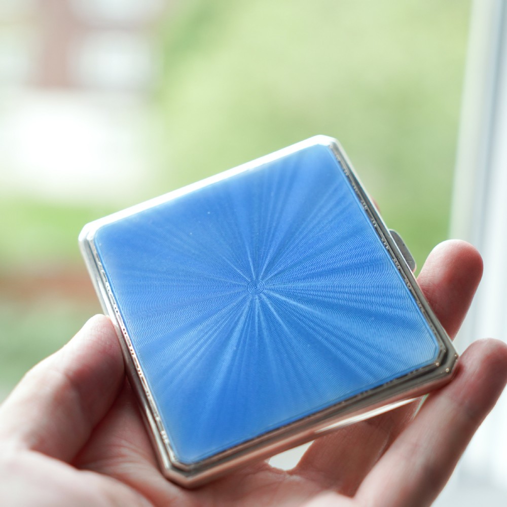 Sterling Silver Cigarette Case with Blue Sunburst Enamel Guilloche - A E Poston & Co Ltd 1937 View IV
