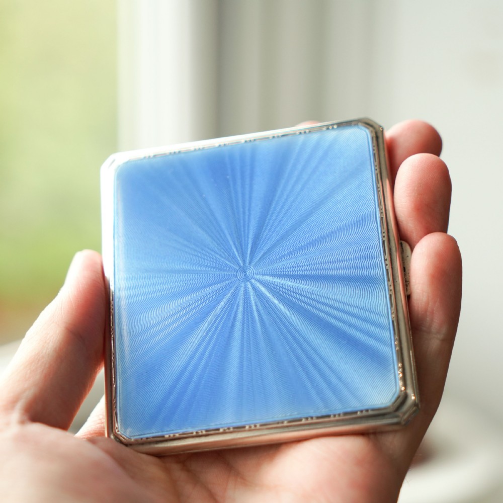 Sterling Silver Cigarette Case with Blue Sunburst Enamel Guilloche - A E Poston & Co Ltd 1937 View V