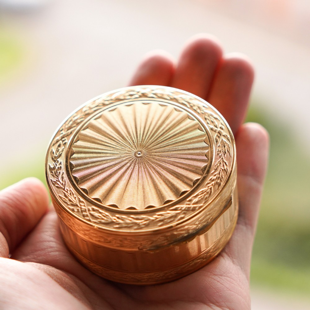 Antique French Solid Silver Gilt Snuff Box / Circular Box with Engine Turned/Guilloche Decoration - 19th c. View VIII