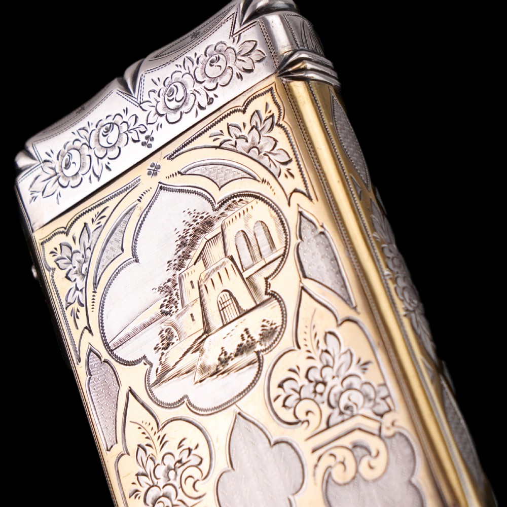 Antique French Solid Silver Parcel Gilt Cigarette Case with Engraved Scenes - 19th c. View II