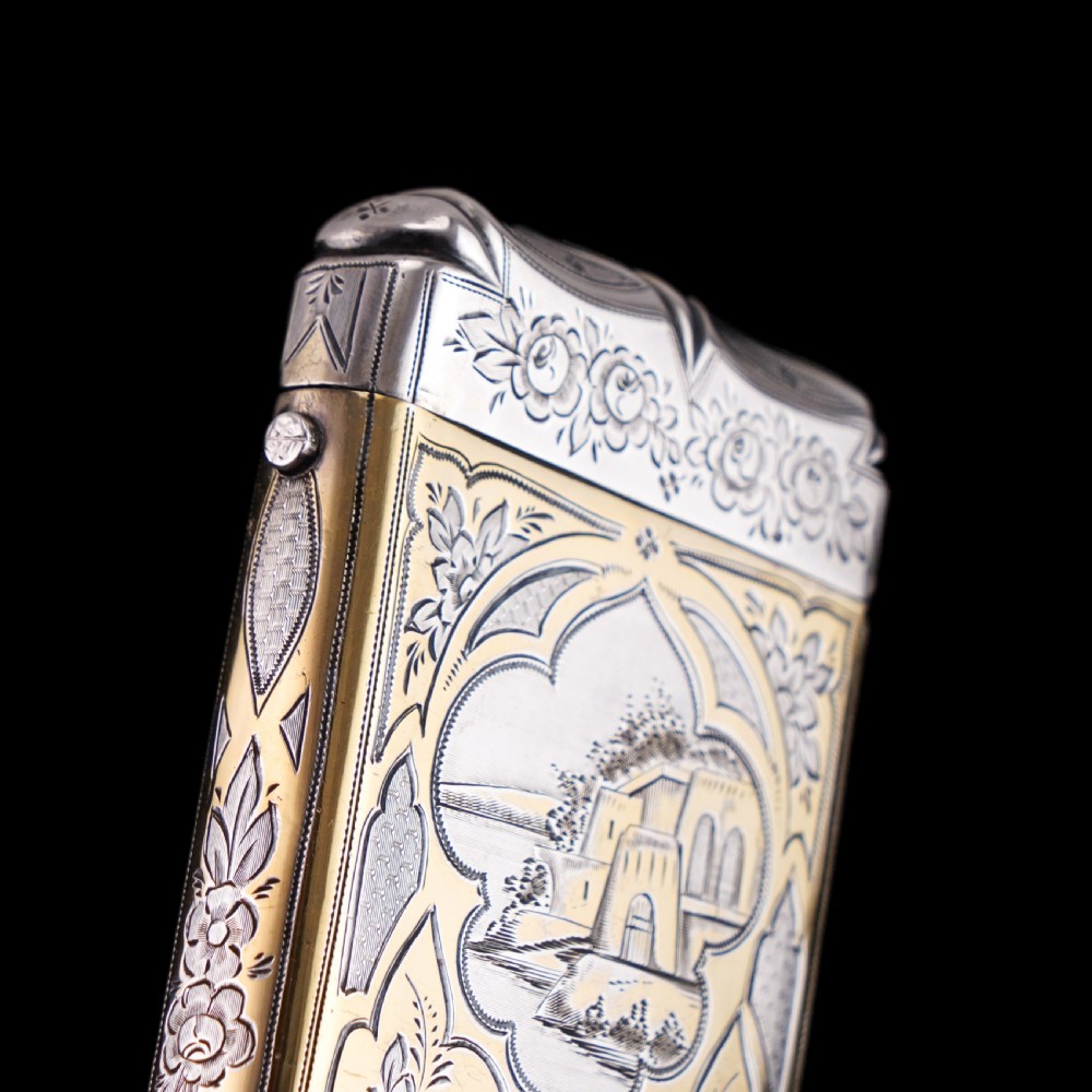 Antique French Solid Silver Parcel Gilt Cigarette Case with Engraved Scenes - 19th c. View III