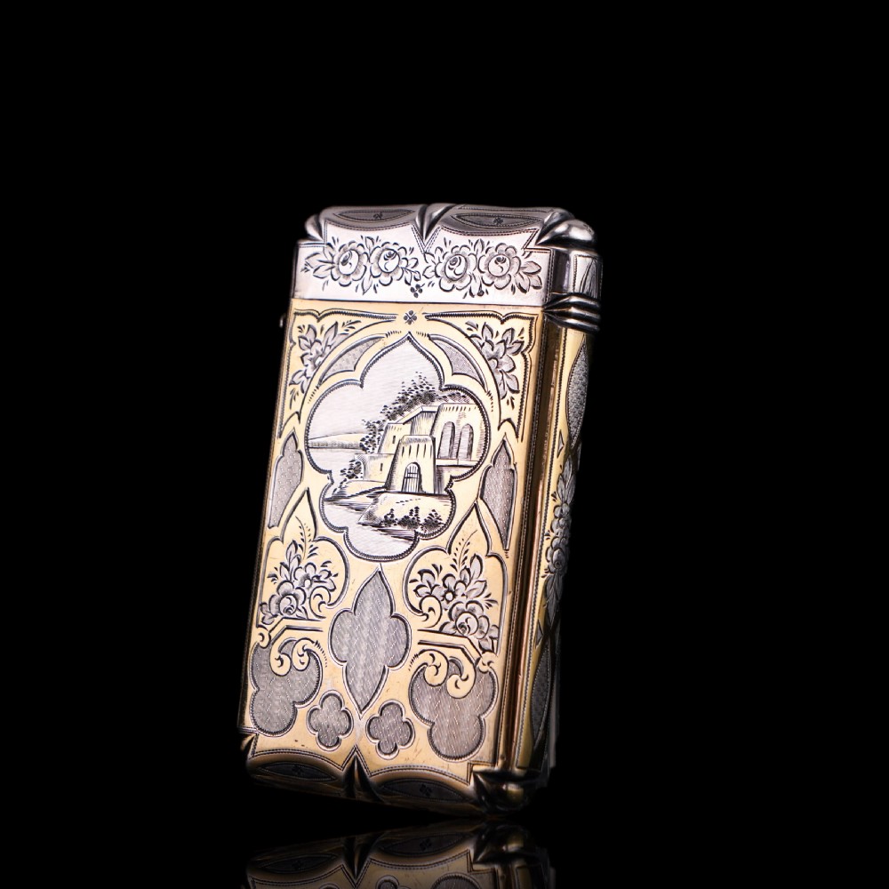 Antique French Solid Silver Parcel Gilt Cigarette Case with Engraved Scenes - 19th c. View IV