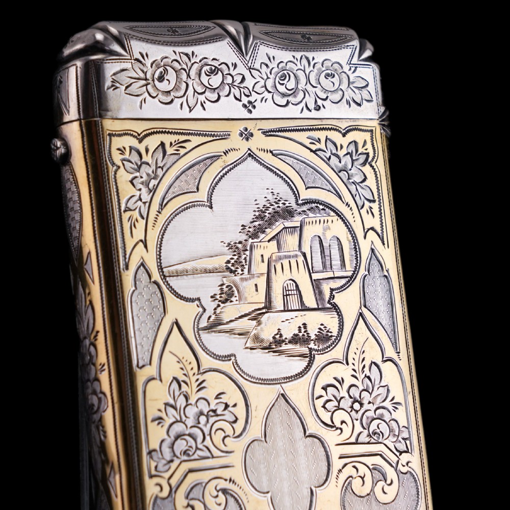 Antique French Solid Silver Parcel Gilt Cigarette Case with Engraved Scenes - 19th c. View V