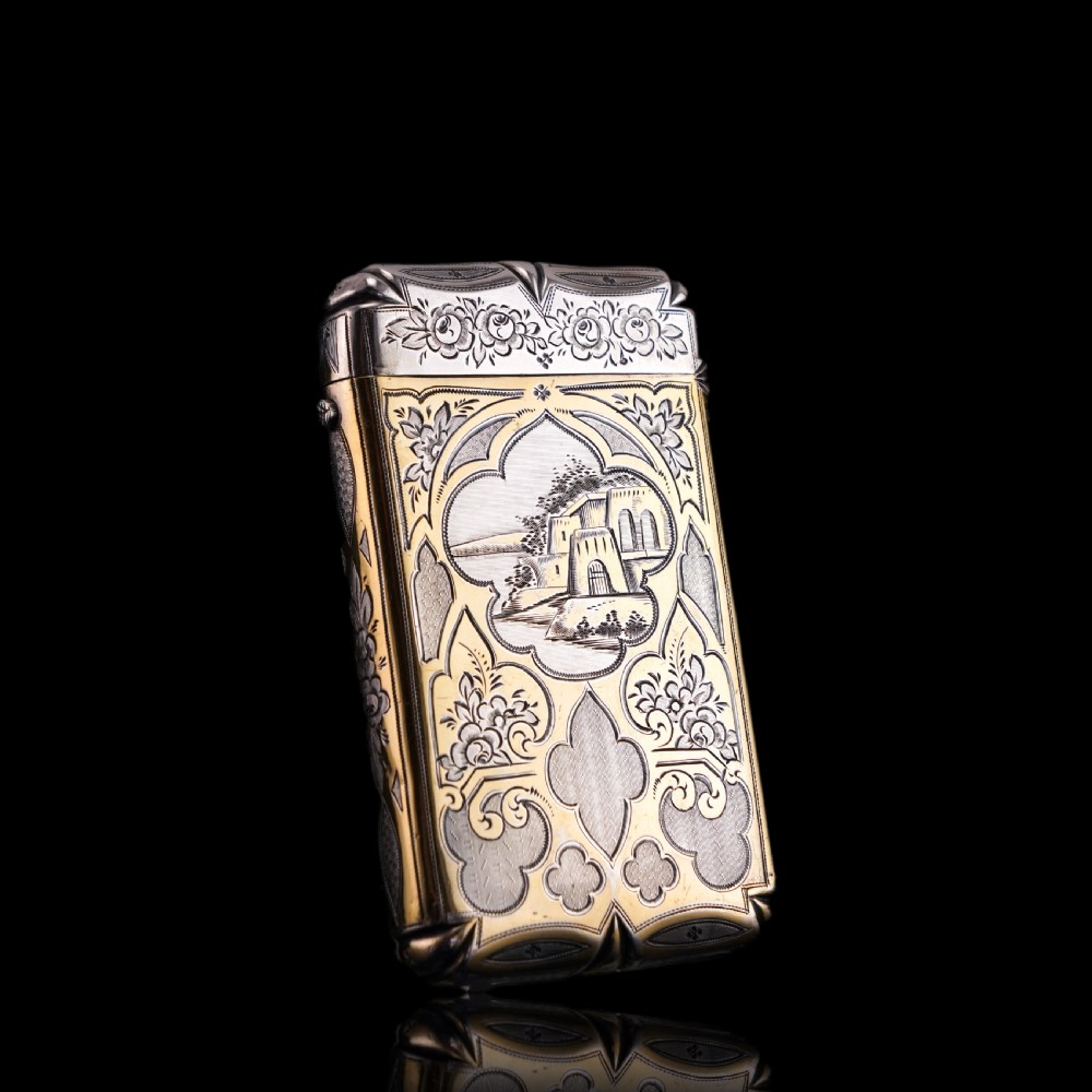 Antique French Solid Silver Parcel Gilt Cigarette Case with Engraved Scenes - 19th c. View VI