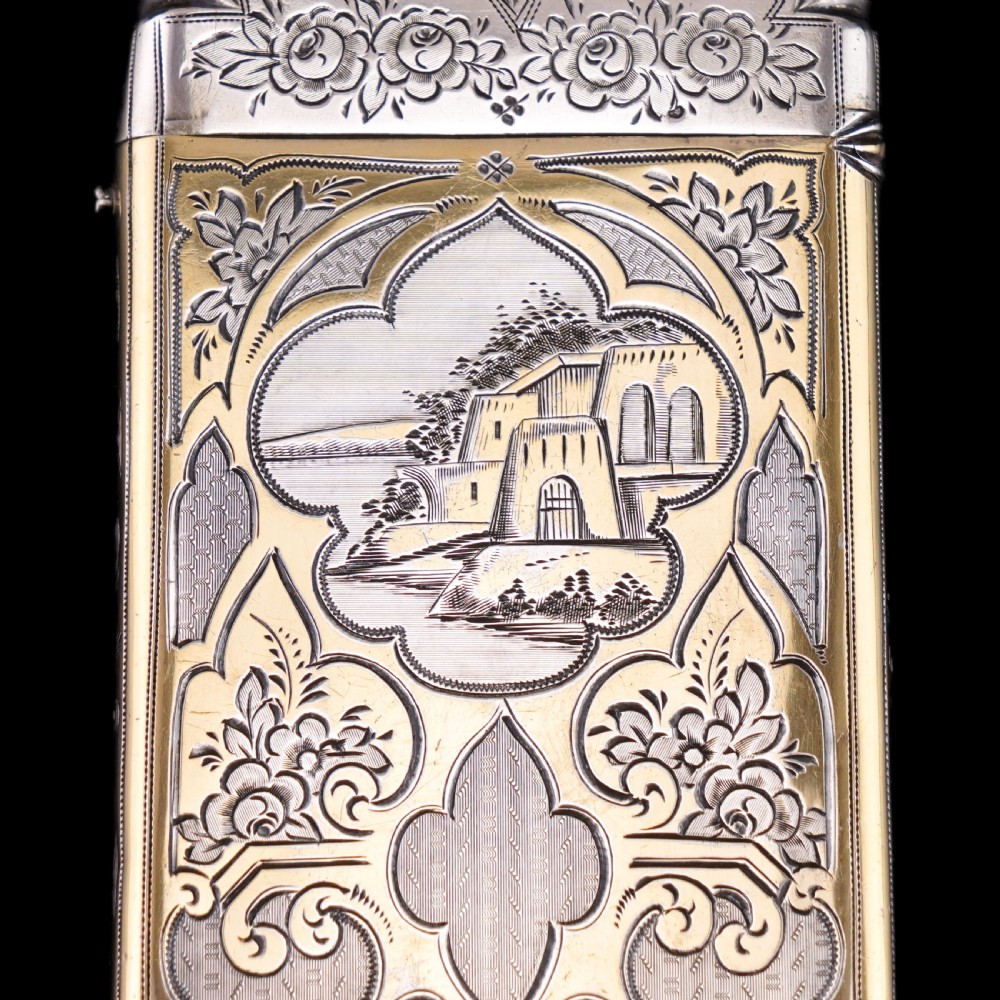 Antique French Solid Silver Parcel Gilt Cigarette Case with Engraved Scenes - 19th c. View XI