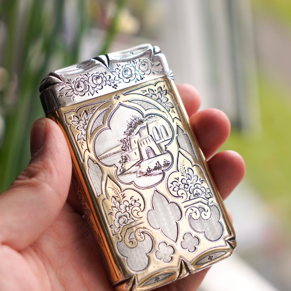 Antique French Solid Silver Parcel Gilt Cigarette Case with Engraved Scenes - 19th c. View XVIII