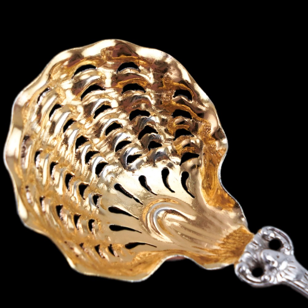 Antique Victorian Sterling Silver Sugar Spoon Oyster Shell Design - George Fox 1867 View XII