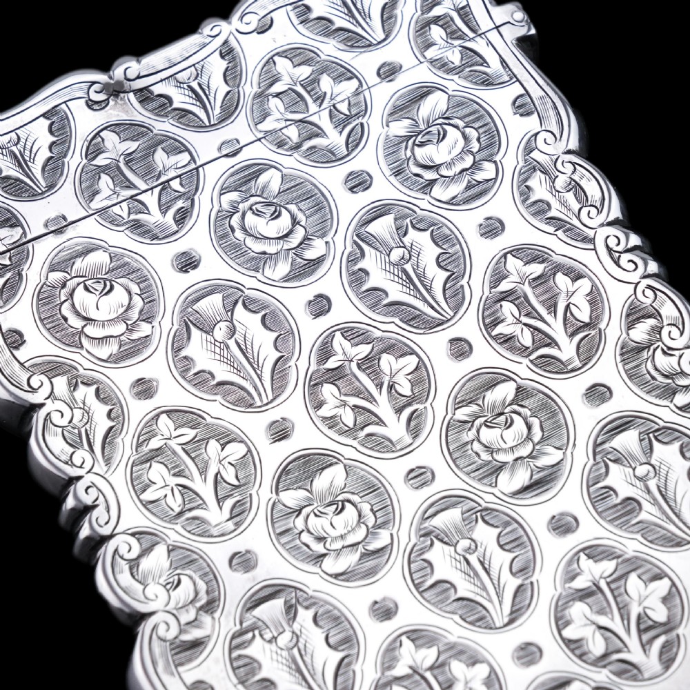 Antique Victorian Sterling Silver Card Case/Wallet with Thistle, Shamrock, Rose Pattern - Alfred Taylor 1861 View IV