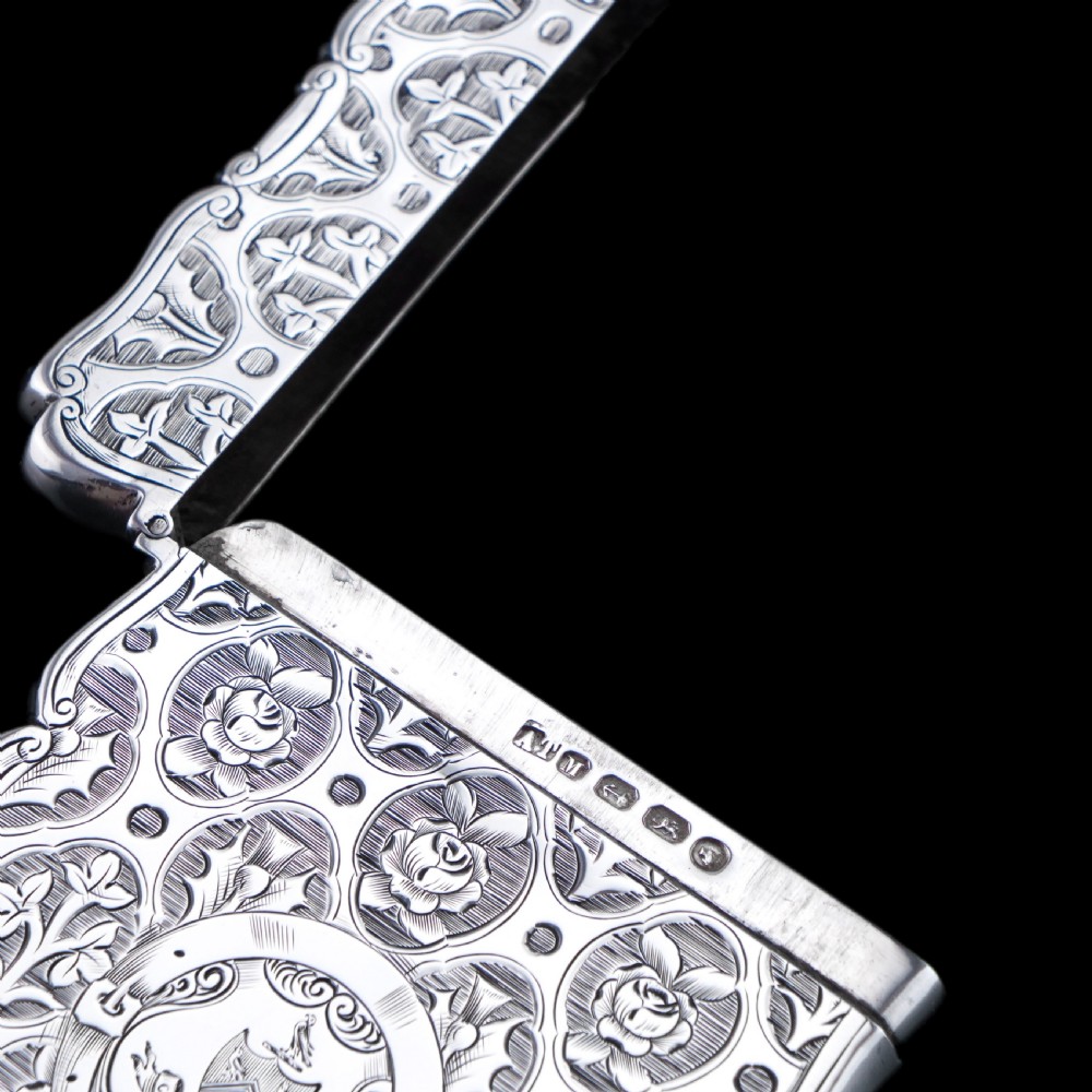 Antique Victorian Sterling Silver Card Case/Wallet with Thistle, Shamrock, Rose Pattern - Alfred Taylor 1861 View VIII