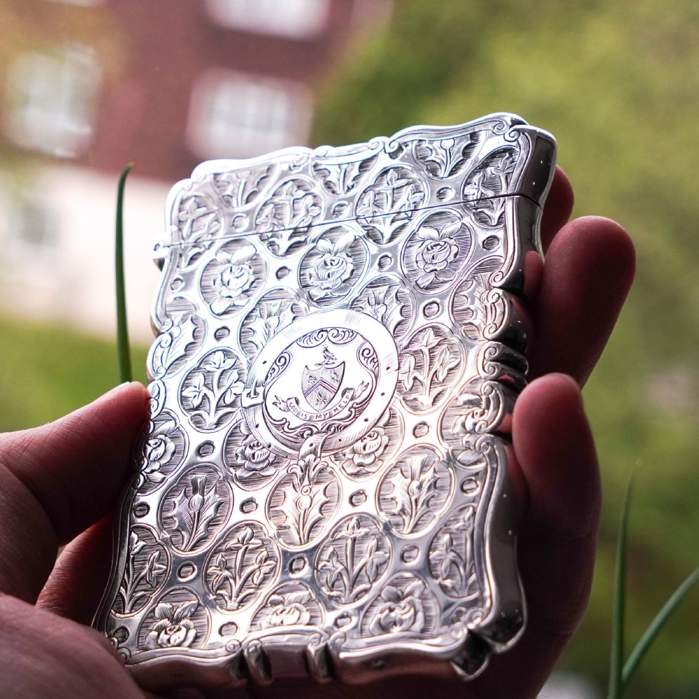 Antique Victorian Sterling Silver Card Case/Wallet with Thistle, Shamrock, Rose Pattern - Alfred Taylor 1861 View XIV