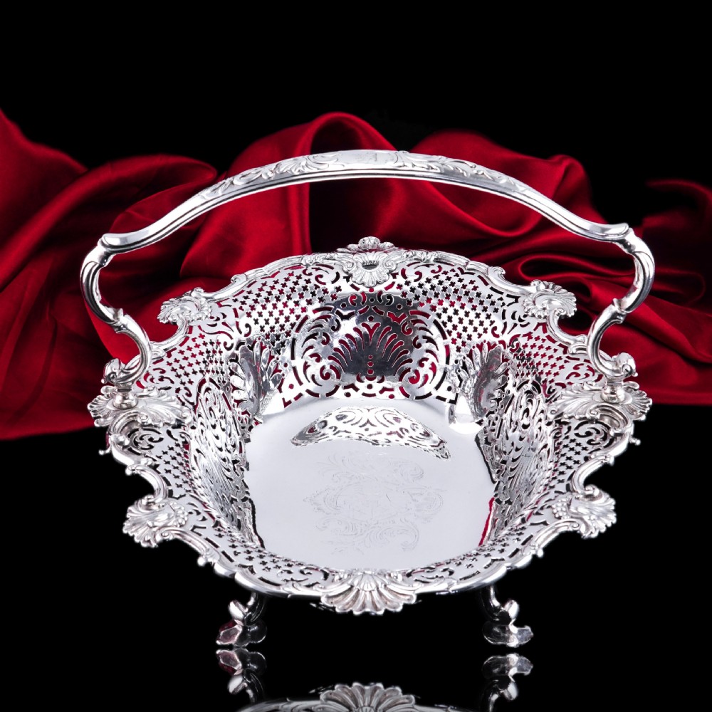 Antique Georgian Solid Silver Basket Bowl Rococo Revival Shell & Pierced Design - Robert Garrard 1804 View III