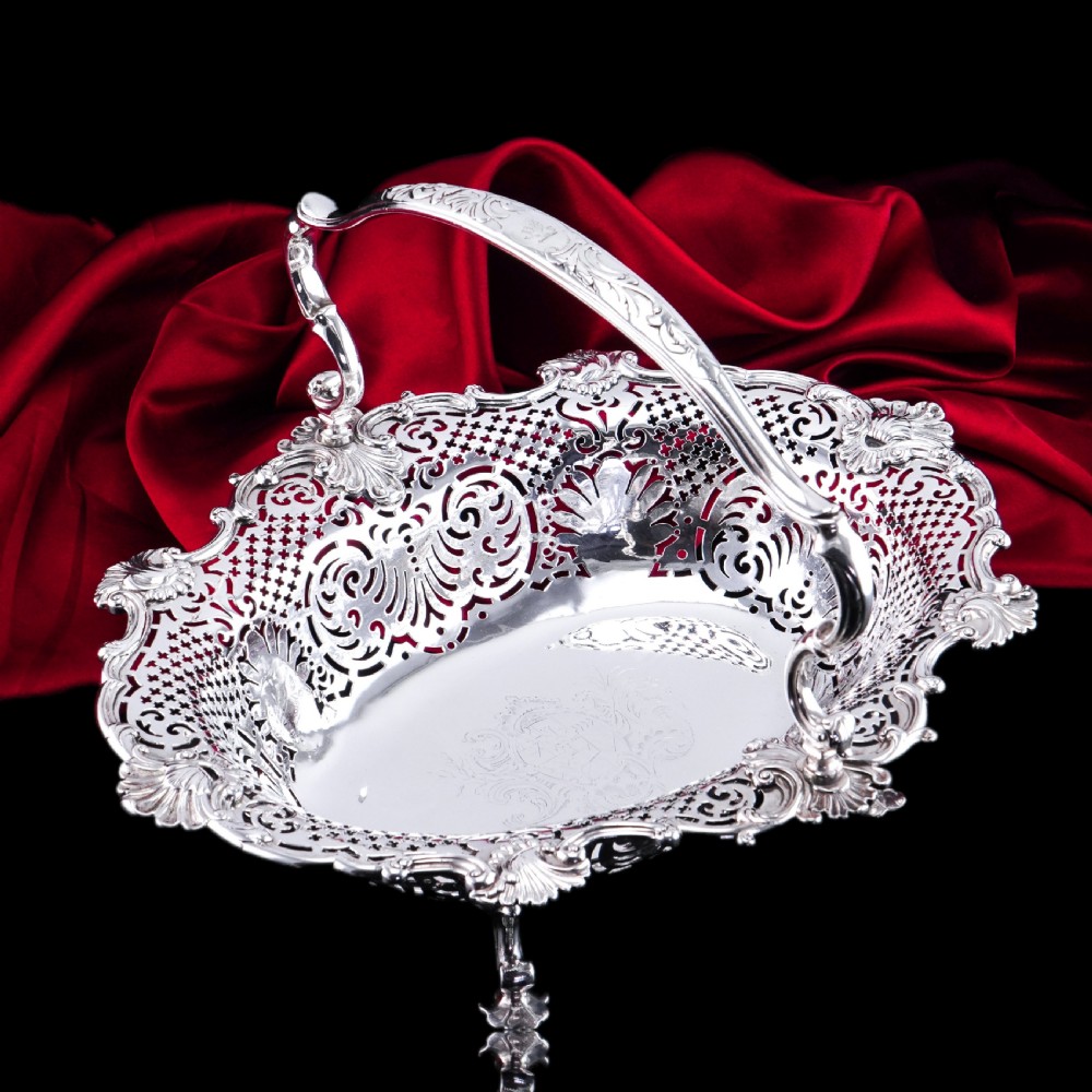 Antique Georgian Solid Silver Basket Bowl Rococo Revival Shell & Pierced Design - Robert Garrard 1804 View IV