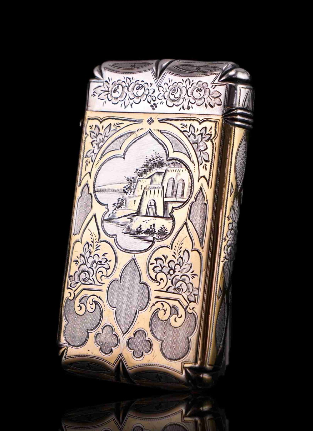 Antique French Solid Silver Parcel Gilt Cigarette Case with Engraved Scenes - 19th c.