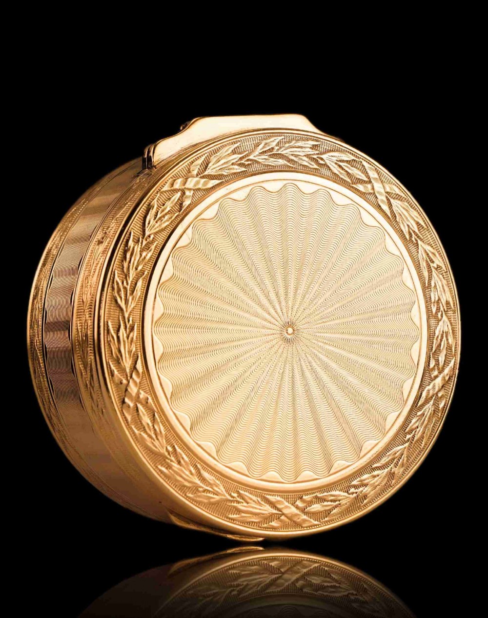 Antique French Solid Silver Gilt Snuff Box / Circular Box with Engine Turned/Guilloche Decoration - 19th c.