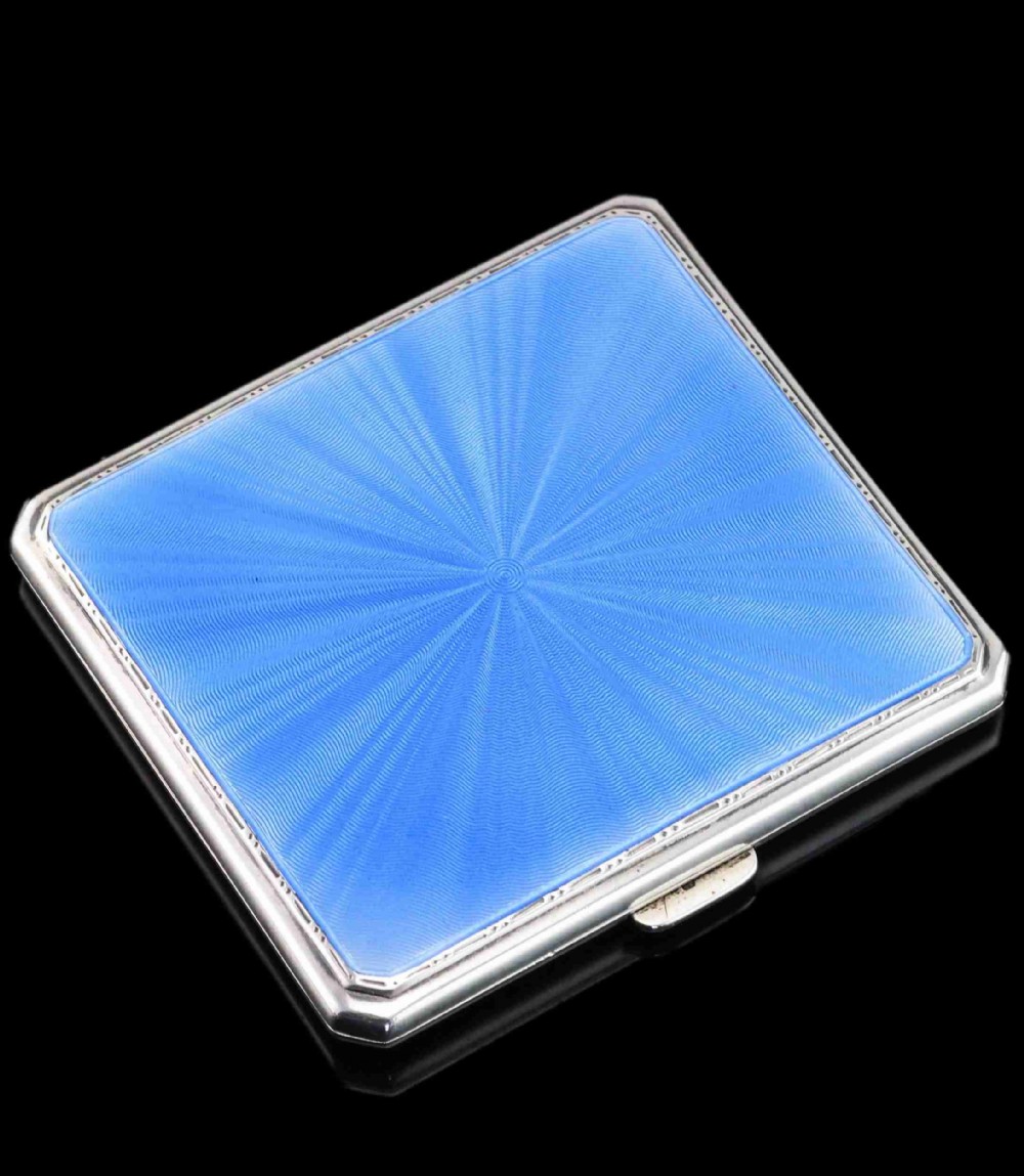 Sterling Silver Cigarette Case with Blue Sunburst Enamel Guilloche - A E Poston & Co Ltd 1937