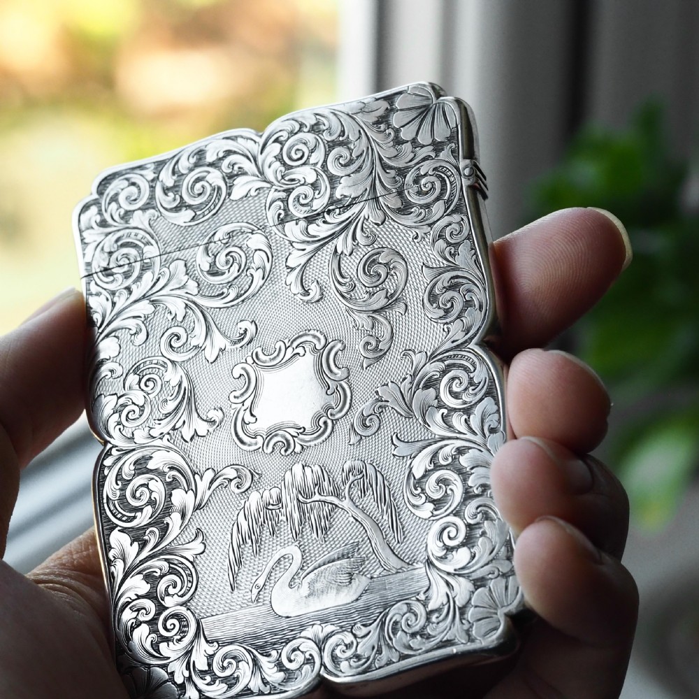 Antique Victorian Sterling Silver Card Case with Swan, Pheasants & Acanthus Engravings - Nathaniel Mills 1839 View II