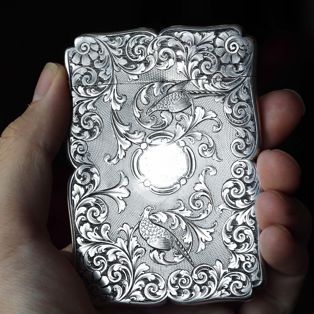 Antique Victorian Sterling Silver Card Case with Swan, Pheasants & Acanthus Engravings - Nathaniel Mills 1839 View III
