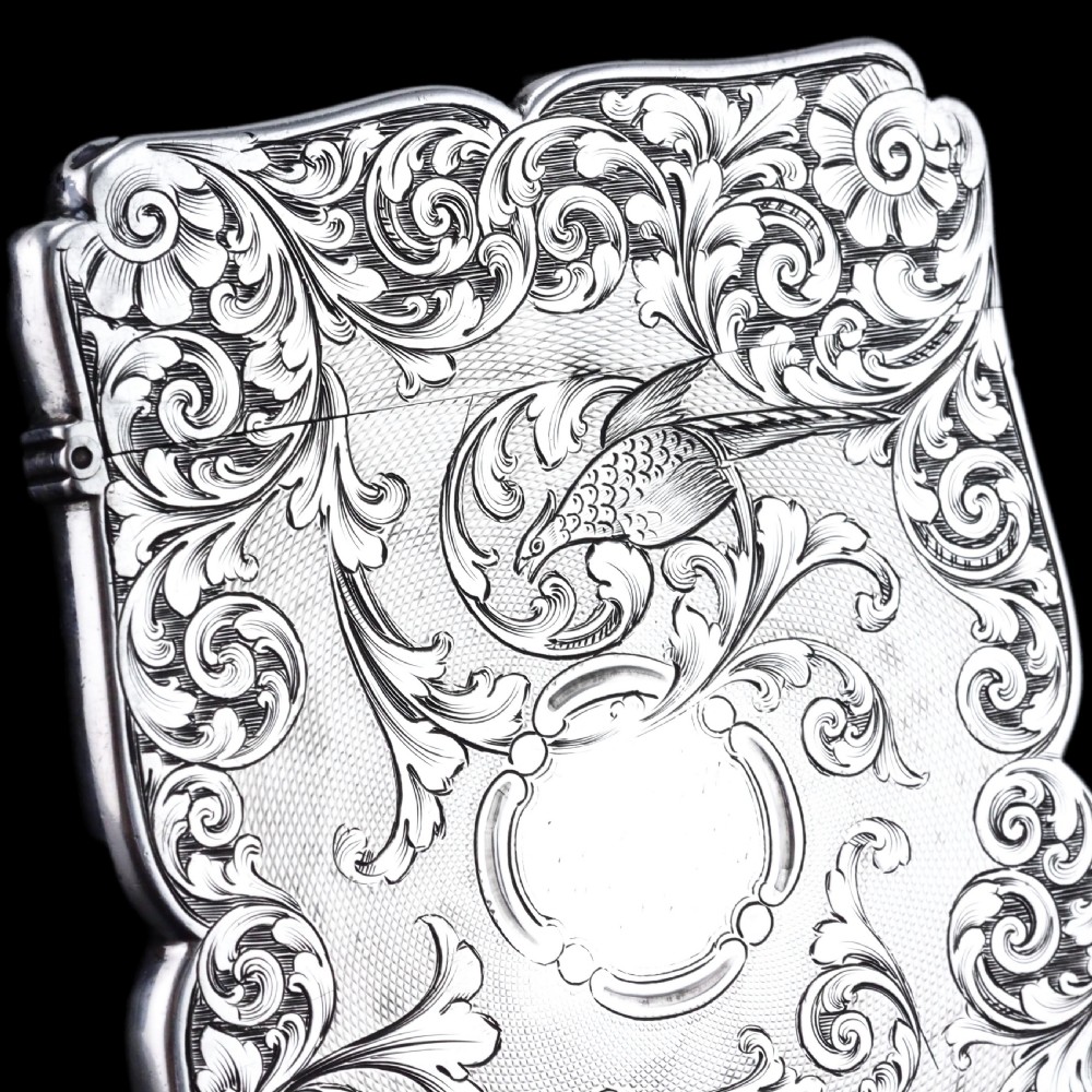 Antique Victorian Sterling Silver Card Case with Swan, Pheasants & Acanthus Engravings - Nathaniel Mills 1839 View V