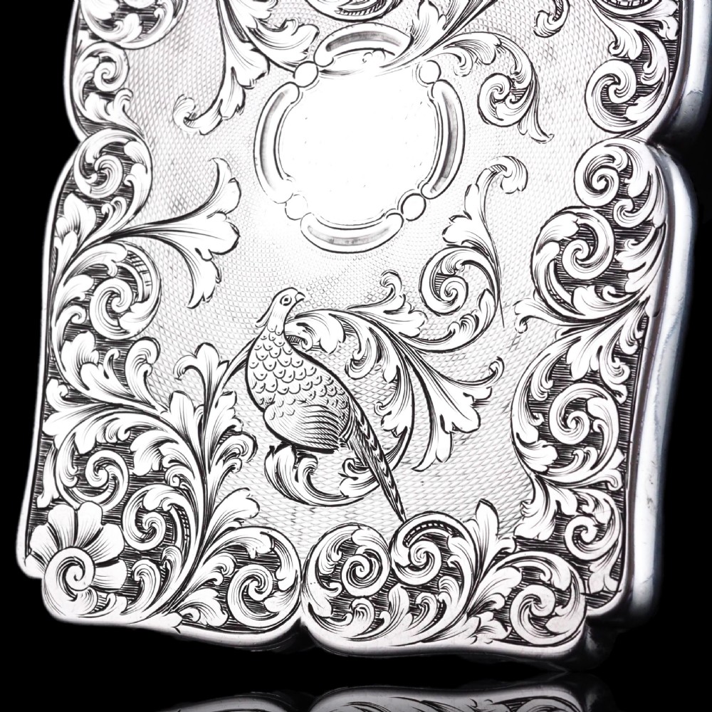 Antique Victorian Sterling Silver Card Case with Swan, Pheasants & Acanthus Engravings - Nathaniel Mills 1839 View VI