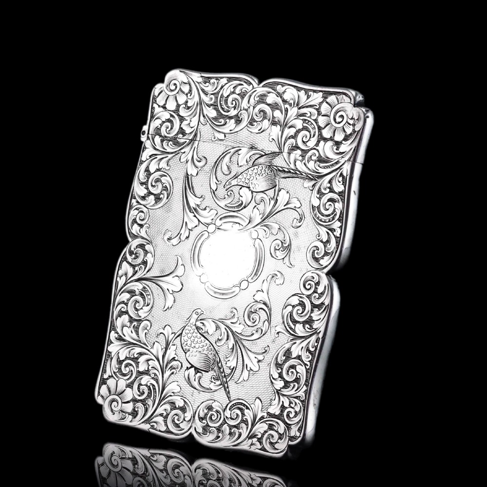 Antique Victorian Sterling Silver Card Case with Swan, Pheasants & Acanthus Engravings - Nathaniel Mills 1839 View VII