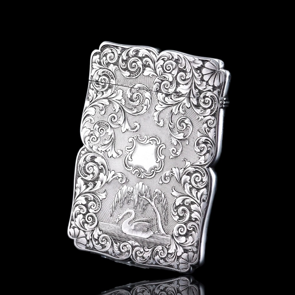 Antique Victorian Sterling Silver Card Case with Swan, Pheasants & Acanthus Engravings - Nathaniel Mills 1839 View VIII