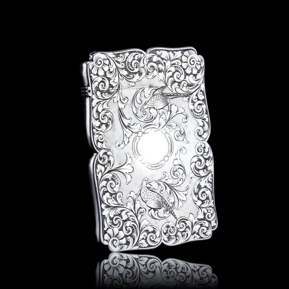 Antique Victorian Sterling Silver Card Case with Swan, Pheasants & Acanthus Engravings - Nathaniel Mills 1839 View IX