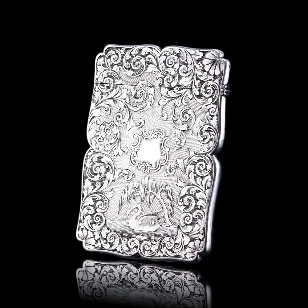 Antique Victorian Sterling Silver Card Case with Swan, Pheasants & Acanthus Engravings - Nathaniel Mills 1839 View X