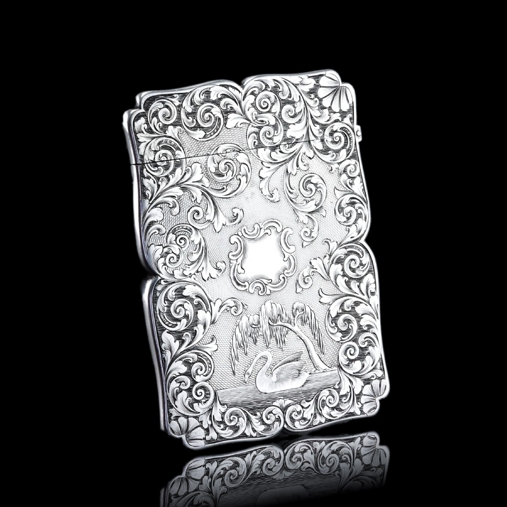 Antique Victorian Sterling Silver Card Case with Swan, Pheasants & Acanthus Engravings - Nathaniel Mills 1839 View XI