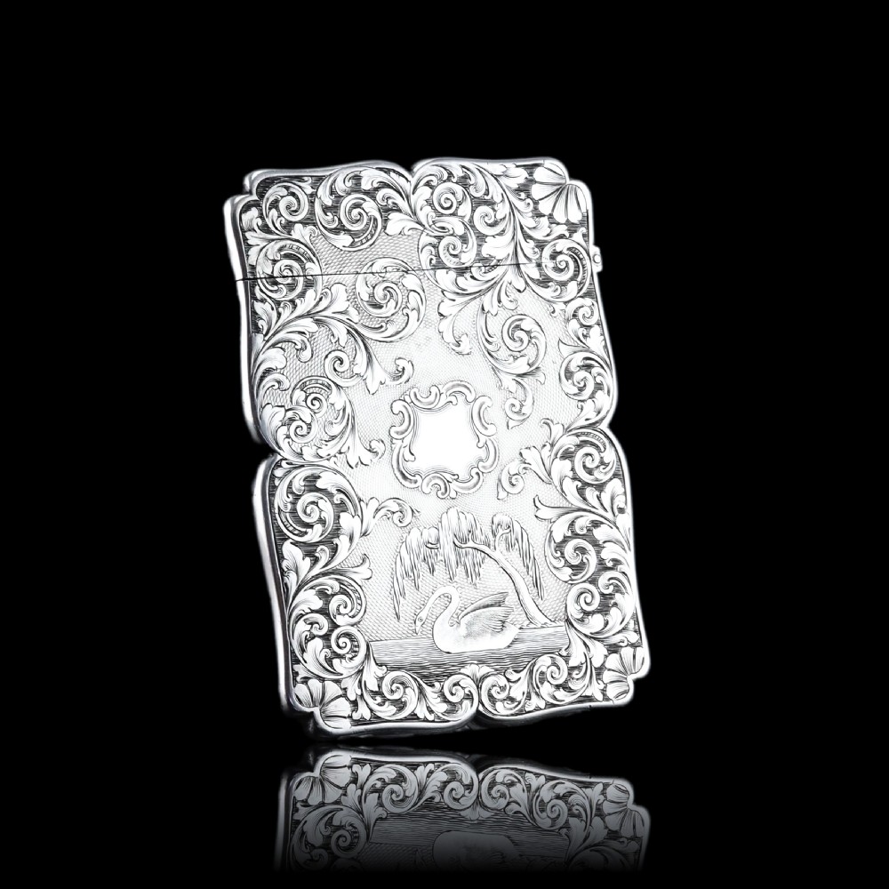 Antique Victorian Sterling Silver Card Case with Swan, Pheasants & Acanthus Engravings - Nathaniel Mills 1839 View XII