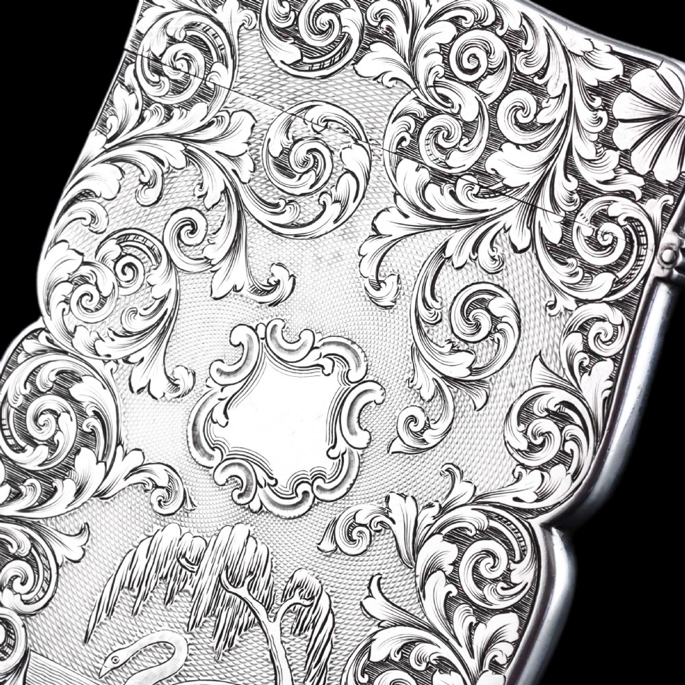 Antique Victorian Sterling Silver Card Case with Swan, Pheasants & Acanthus Engravings - Nathaniel Mills 1839 View XIII