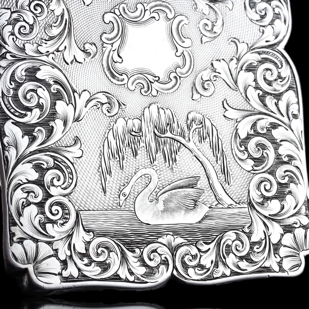 Antique Victorian Sterling Silver Card Case with Swan, Pheasants & Acanthus Engravings - Nathaniel Mills 1839 View XIV