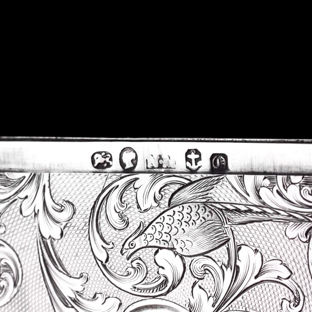 Antique Victorian Sterling Silver Card Case with Swan, Pheasants & Acanthus Engravings - Nathaniel Mills 1839 View XVII