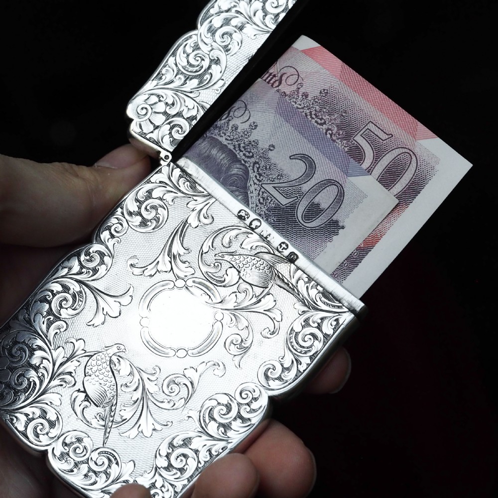Antique Victorian Sterling Silver Card Case with Swan, Pheasants & Acanthus Engravings - Nathaniel Mills 1839 View XIX