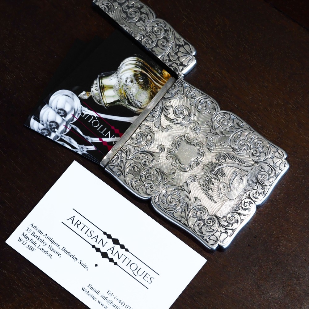 Antique Victorian Sterling Silver Card Case with Swan, Pheasants & Acanthus Engravings - Nathaniel Mills 1839 View XX