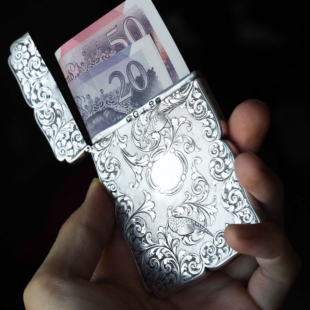 Antique Victorian Sterling Silver Card Case with Swan, Pheasants & Acanthus Engravings - Nathaniel Mills 1839 View XXI