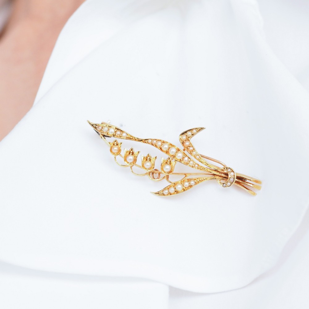 Antique Edwardian Floral Brooch 15ct Gold Seed Pearl Lily of the Valley Design - c.1910 View II