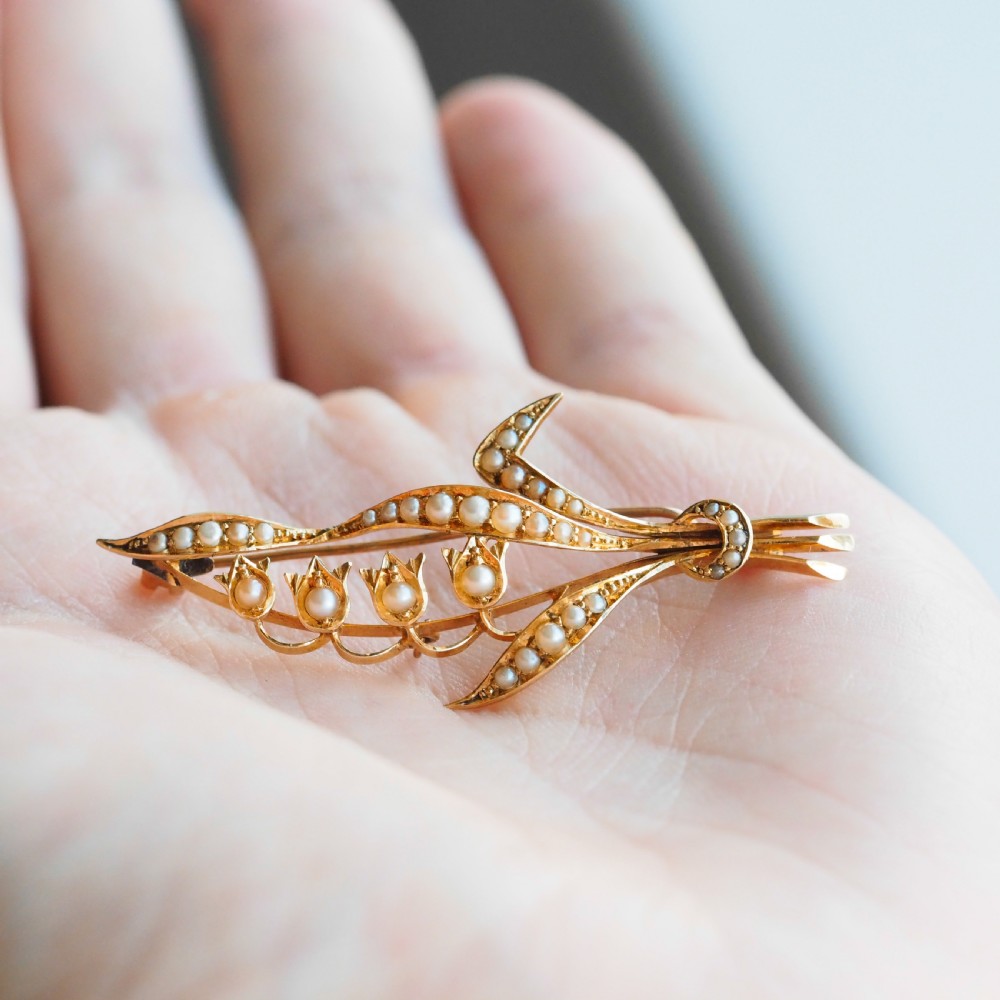Antique Edwardian Floral Brooch 15ct Gold Seed Pearl Lily of the Valley Design - c.1910 View VIII