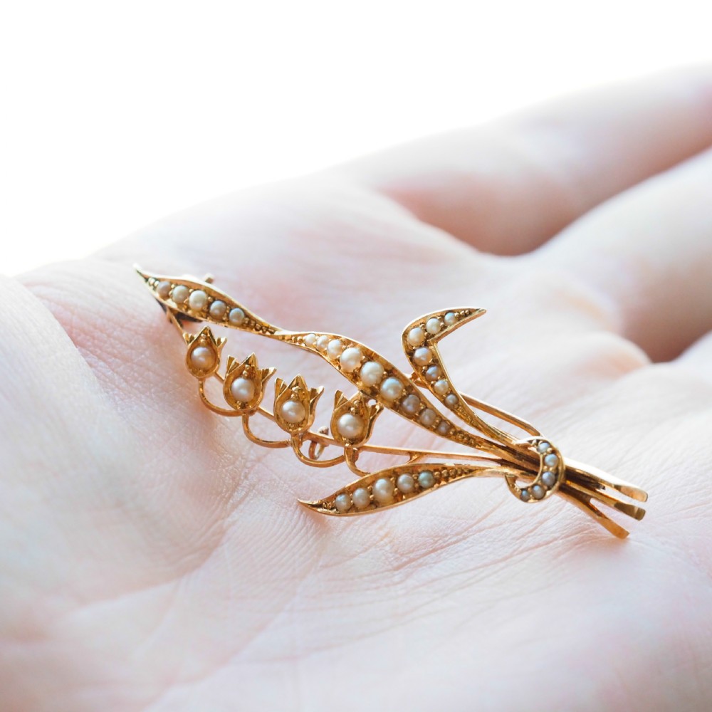 Antique Edwardian Floral Brooch 15ct Gold Seed Pearl Lily of the Valley Design - c.1910 View IX