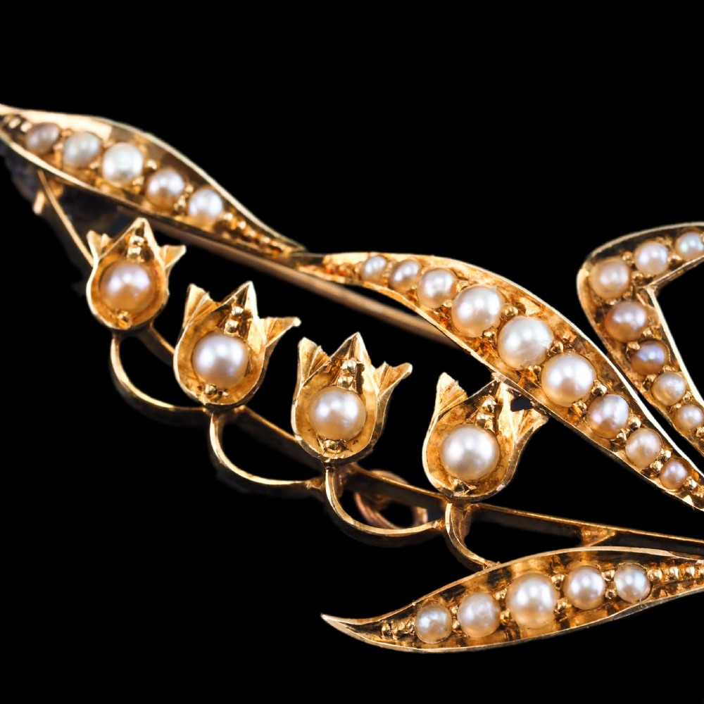 Antique Edwardian Floral Brooch 15ct Gold Seed Pearl Lily of the Valley Design - c.1910 View X