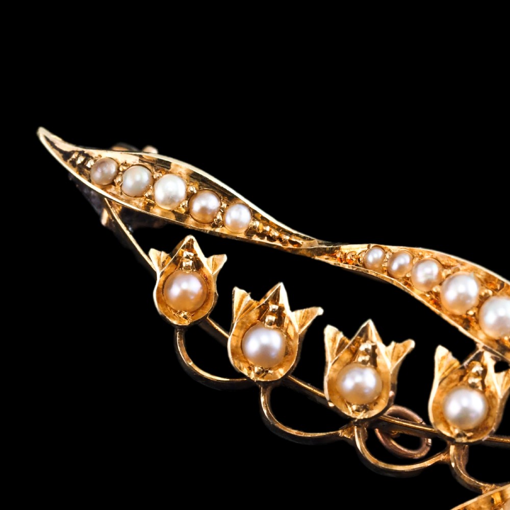 Antique Edwardian Floral Brooch 15ct Gold Seed Pearl Lily of the Valley Design - c.1910 View XI