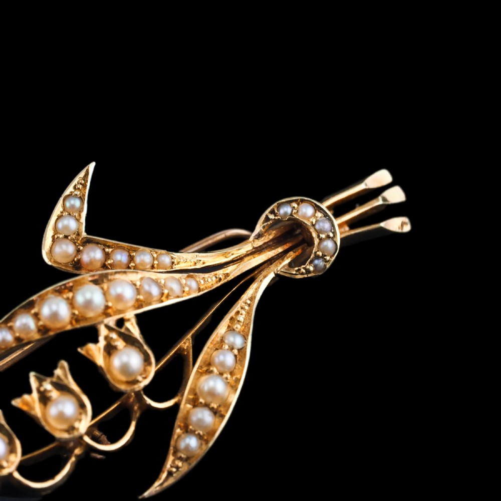 Antique Edwardian Floral Brooch 15ct Gold Seed Pearl Lily of the Valley Design - c.1910 View XII