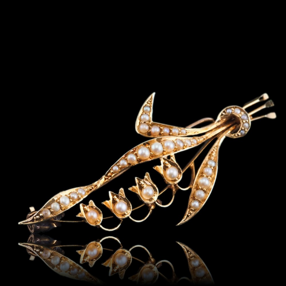 Antique Edwardian Floral Brooch 15ct Gold Seed Pearl Lily of the Valley Design - c.1910 View XV