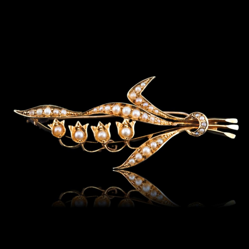 Antique Edwardian Floral Brooch 15ct Gold Seed Pearl Lily of the Valley Design - c.1910 View XVI